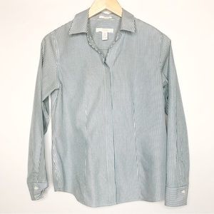 Chico’s White with Green/Silver Pinstripes No-iron Button Down Shirt Size Small